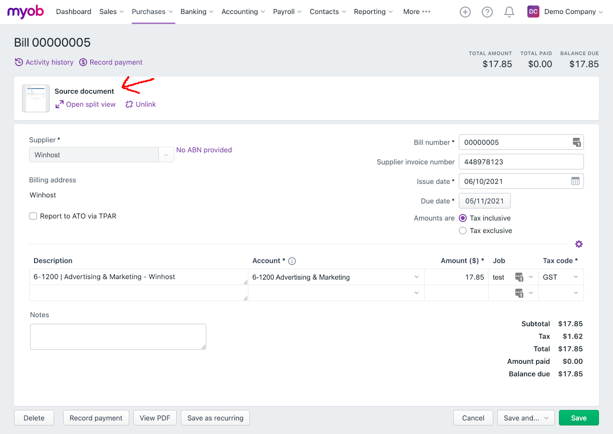 File attached to MYOB Bill