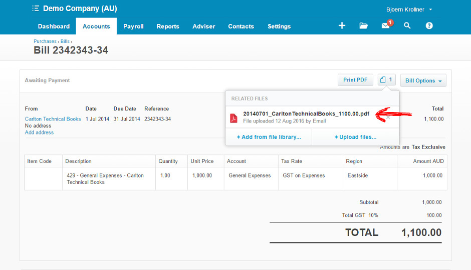 File attached to Xero Bill