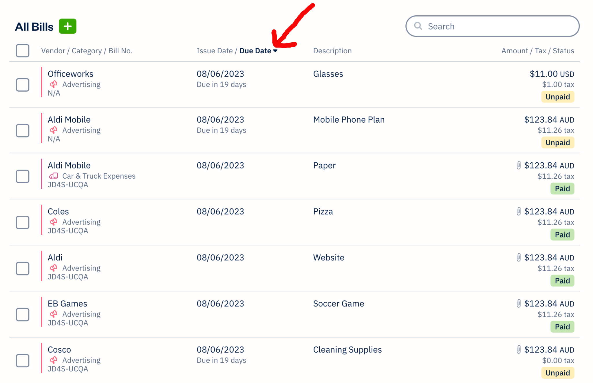 Sort bills by due date in FreshBooks