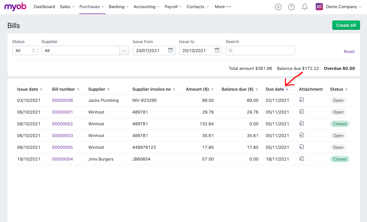 Sort bills by due date in MYOB