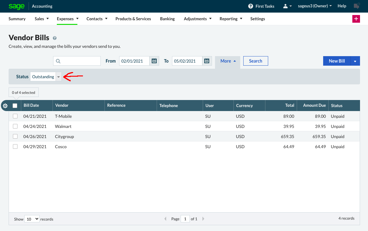 Sort bills by due date in Sage Accounting