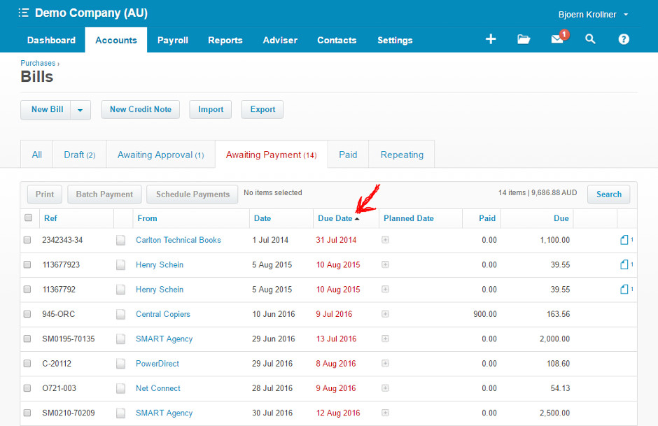 Sort bills by due date in Xero